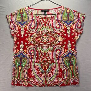 Lauren Ralph Lauren Blouse Womens Medium Red Paisley Top Cap Sleeve